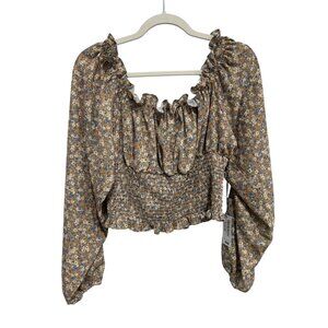 Beyond The Radar Floral Blouse Size Large Smocked Long Sleeve Ivory Poppo NEW